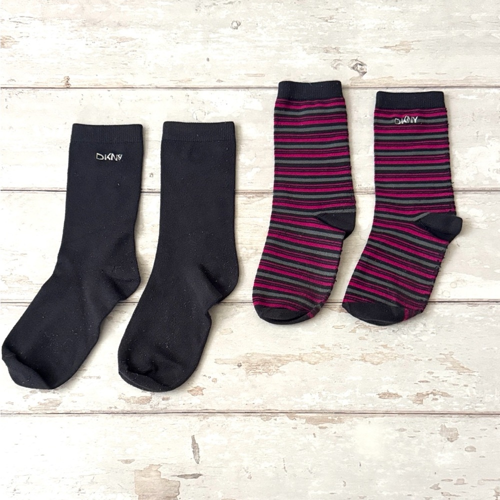 DKNY Women’s Socks Set Bundle of 2 Pair Gray Crew Sock Pink Stripes
